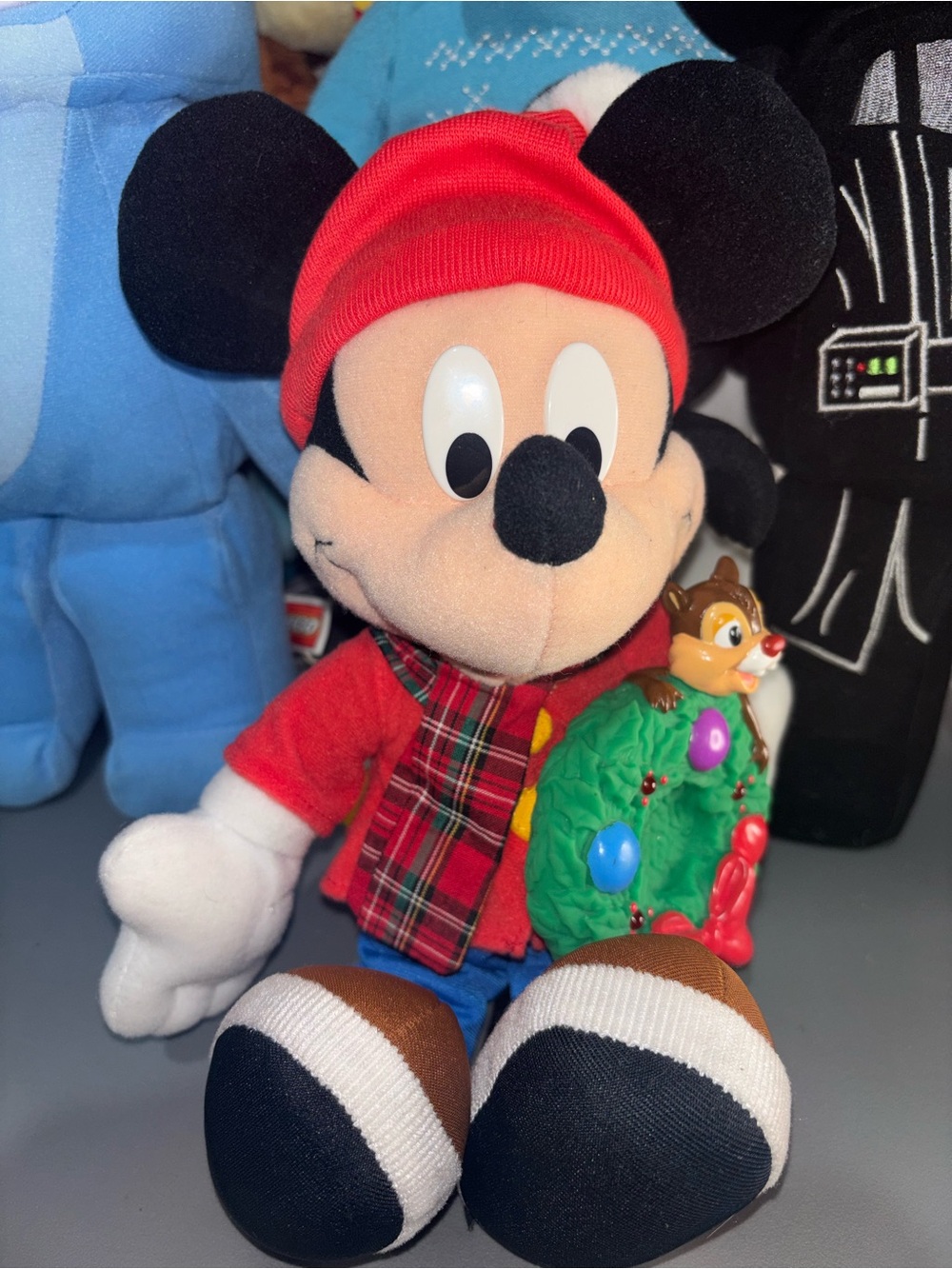 Vintage Disney Red & Black Mickey Mouse Holiday Plush with Wreath
